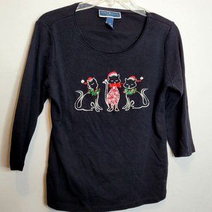 Karen Scott Petites Christmas Cat Shirt 3/4 Sleeve Beads Sequins Black Medium